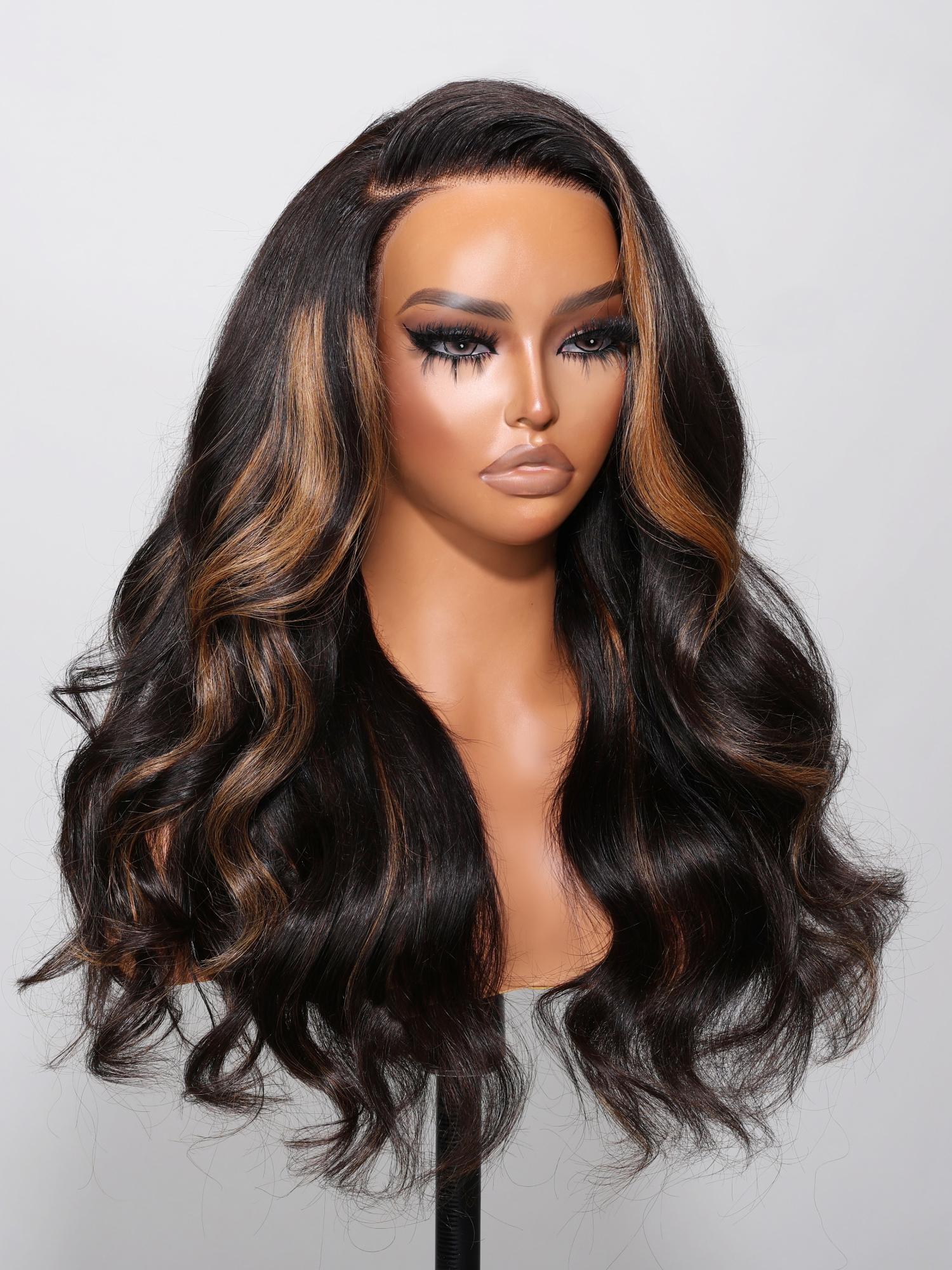 13x4 Lace Front Black Hair With Brown Skunk Stripe Highlights Loose Wave Wig