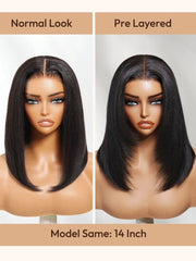 14-inch yaki straight wig comparison chart showing the normal look versus the pre-layered style.