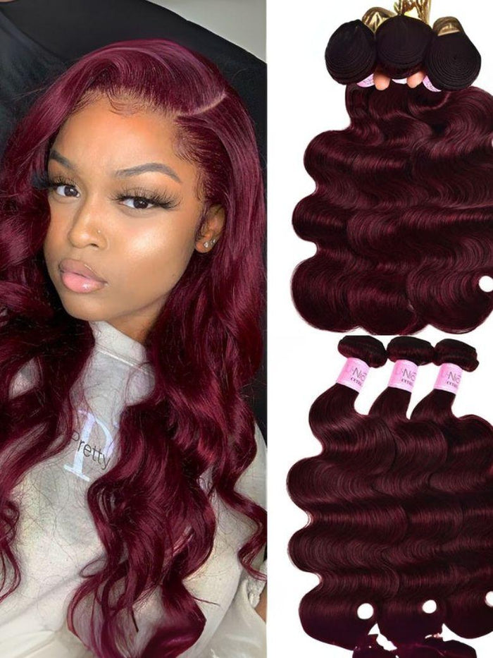 Petaluxe 3 Bundles Burgundy Red #99j Color Boby Wave Human Hair