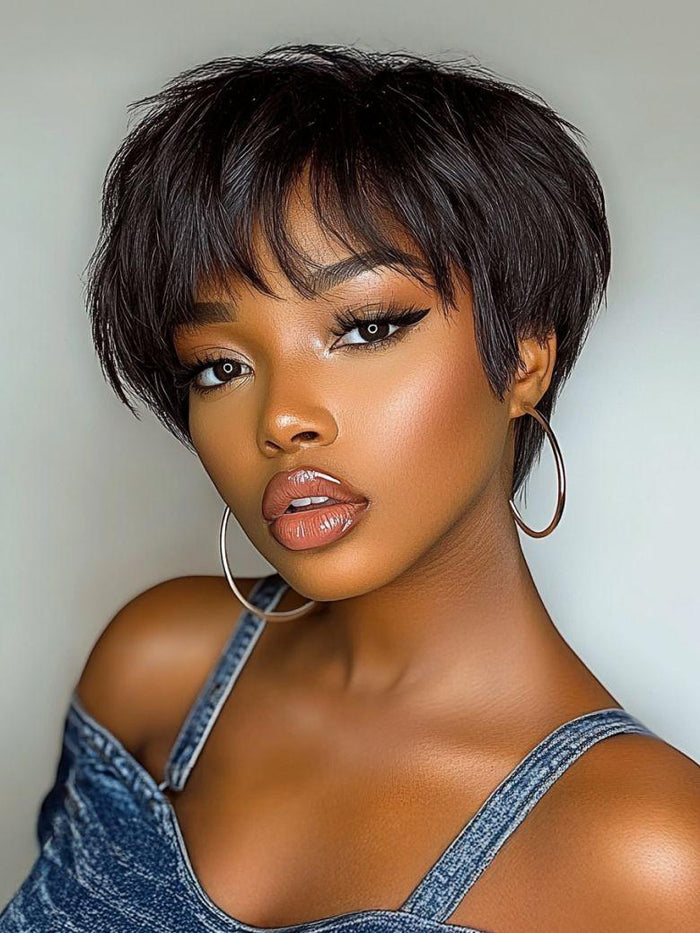 [Down to $59] Petaluxe Short Pixie Cut Human Hair Glueless Wig With Side Bangs
