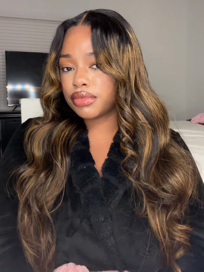 Petaluxe [24"=$129]Balayage Highlight Lace Frontal Wig T Part Breathable Cap Body Wave Wig