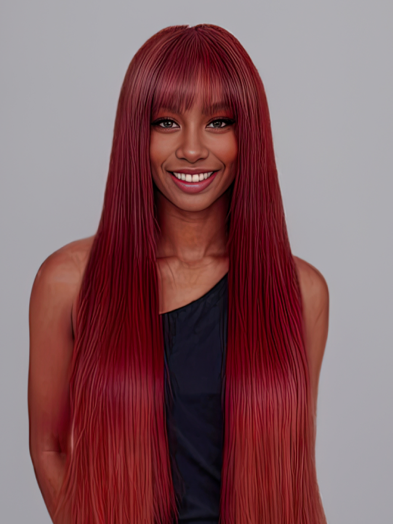 Put On And Go 6x4.5 Pre-Cut Lace 180% Density Cherry Red Straight Air Wig With Bang