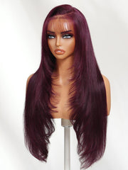 Black Cherry 100% Human Hair 7x5 Bye-Bye Knots? & 13x4 Bye Bye Slip? Lace Face Framing Layer Cut Straight Wig with Wispy Bangs Drawstring Wig