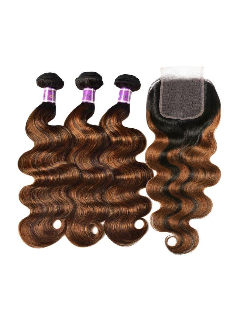 Brown Balayage 4x4 Lace Closure With 3Pcs Body Wave Bundles