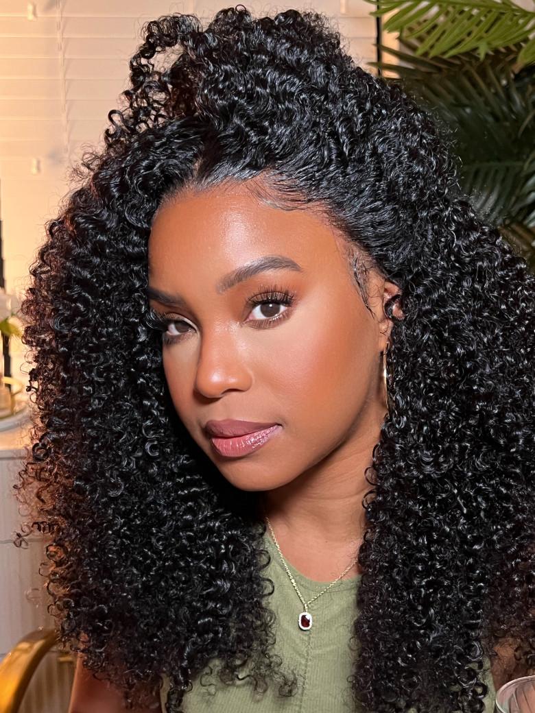 [2 wigs=$109] 22" Upart Kinky Curly Wig and 10" Headband Black Root Honey Blonde Wig