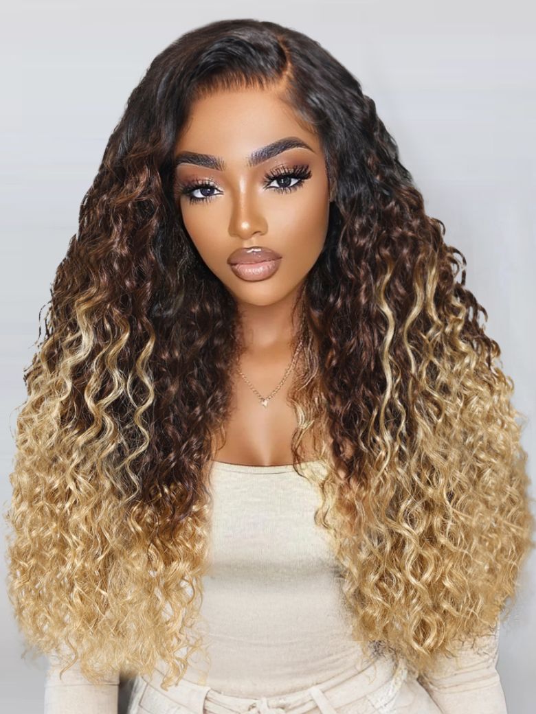 Bye-Bye Knots 7x5 Lace Black to Brown to Blonde Ombre Water Wave Wig with Invisi Drawstring