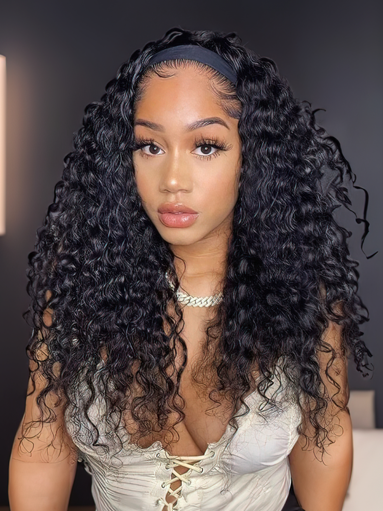 Flash Deal Headband Scarf Wig Water Wave Human Hair Wig 18 Inch