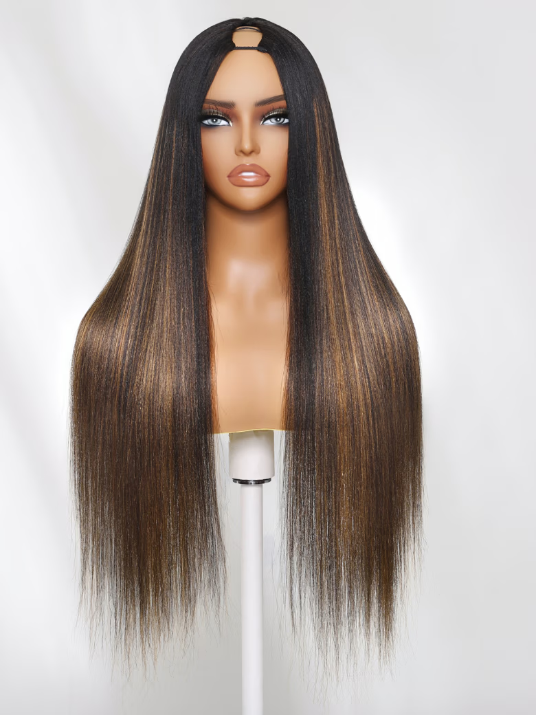 EasiContour? V Part Brown Highlights with Dark Roots Jerry Curly/Yaki Straight Drawstring Glueless Wig