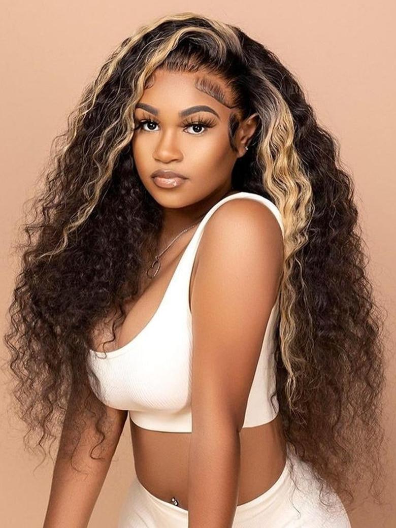 Bye Bye Knots Wigs 7x5 / 6X4.5/ 13X4 Pre-Cut Lace Honey Brown Highlights/ Reddish Brown/ Natural Black Jerry Curly Wig With Bleached Knots