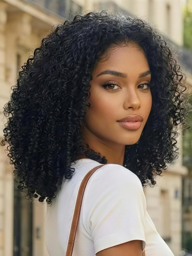 7x5 Bye Bye Slip? Lace Natural Black Afro Kinky Curly with Finger Coil Ends Drawstring Wig 180% Density