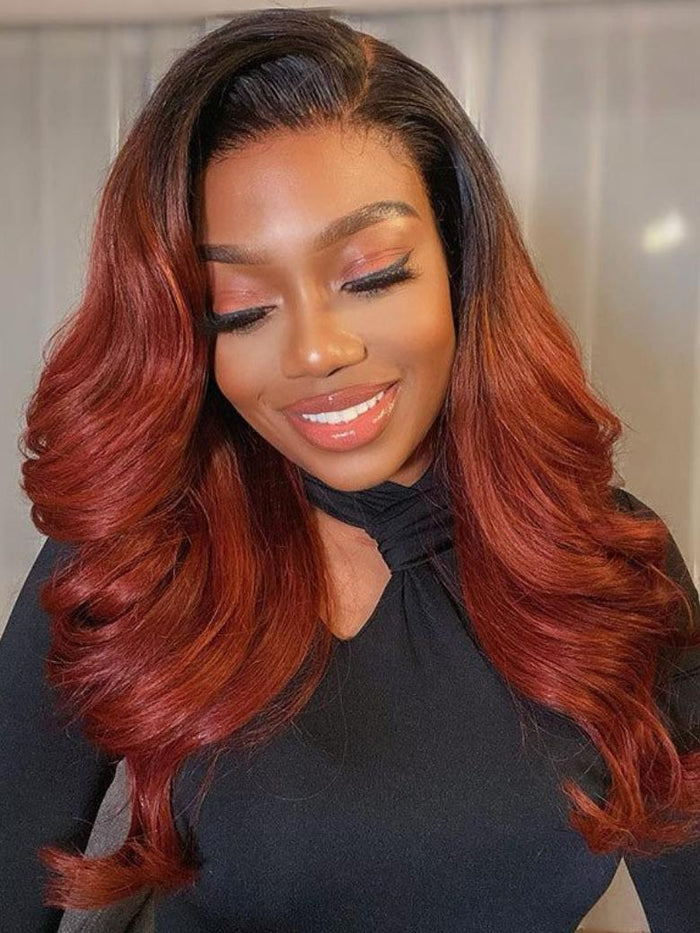 Petaluxe Glueless Breezy Cap V Part Wig No Glue Throw On And Go Red Brown Body Wave Wig With Dark Roots