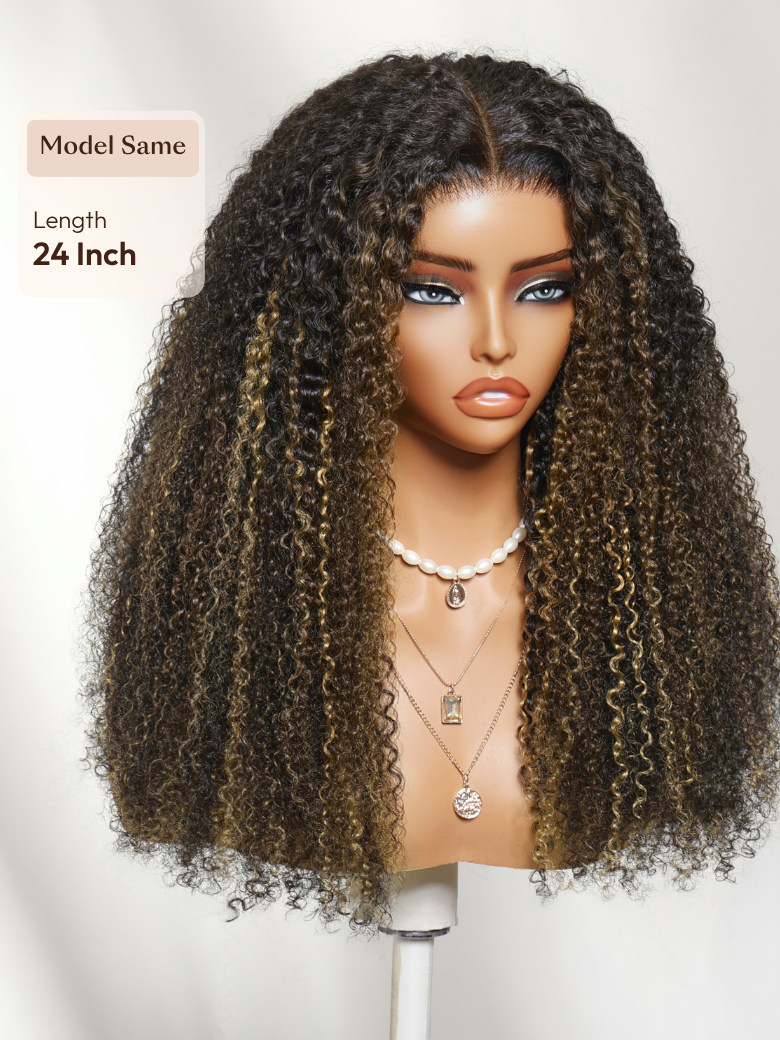 7x5 Bye Bye Slip? Lace Black with Blonde and Caramel Highlights Full Curly Wig with Defined Curls For Beginners