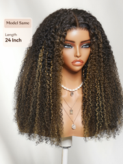 7x5 Bye Bye Slip? Lace Black with Blonde and Caramel Highlights Full Curly Wig with Defined Curls For Beginners