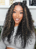 Petaluxe [180% Density] Bye Bye Knots Wig 7x5 Glueless Lace Honey Brown Highlights Jerry Curly Wig With Bleached Knots