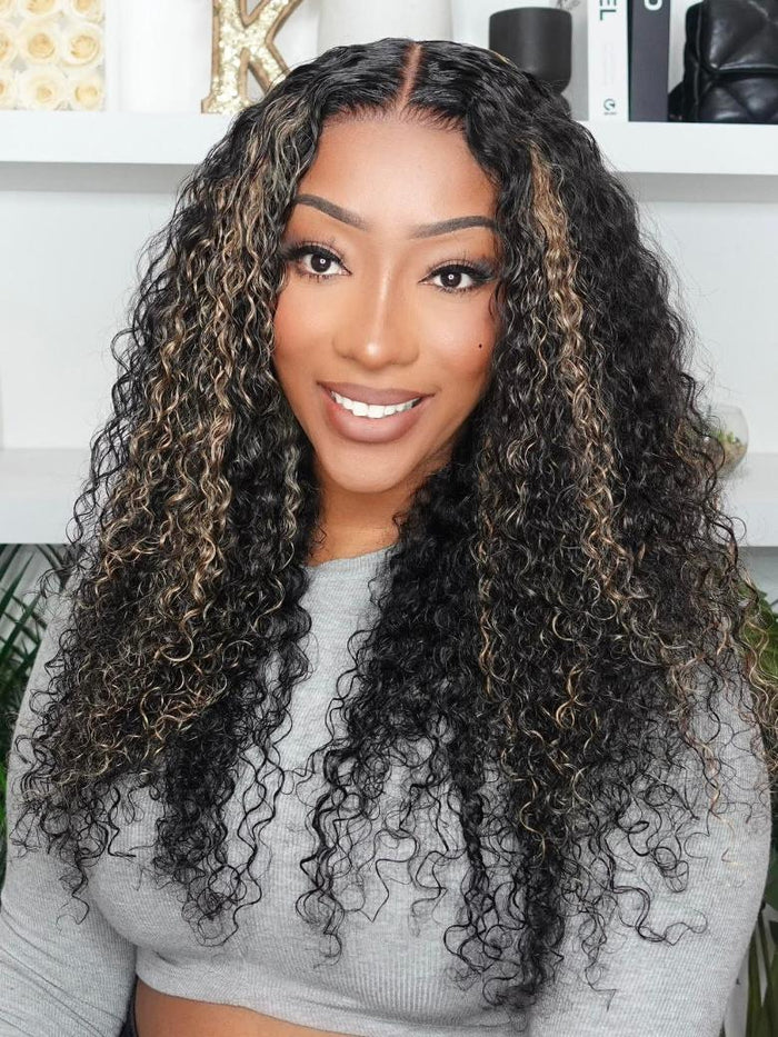 Petaluxe [200% Density 24"=$129] Bye Bye Knots 6x4.5 Pre Cut Lace Honey Brown Highlights Jerry Curly Wig with Baby Hair With Bleached Knots