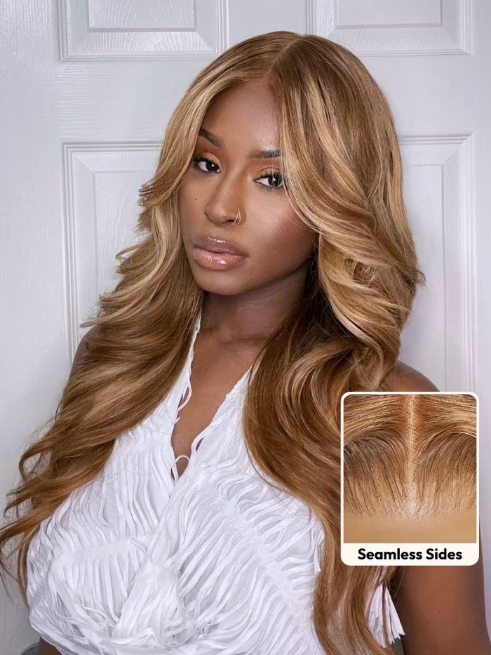 [All Inch $109] Petaluxe Beginner Friendly 6x4.5 Pre Cut Lace Put On And Go Honey Blonde Highlights Body Wave Air Wig Member Exclusive