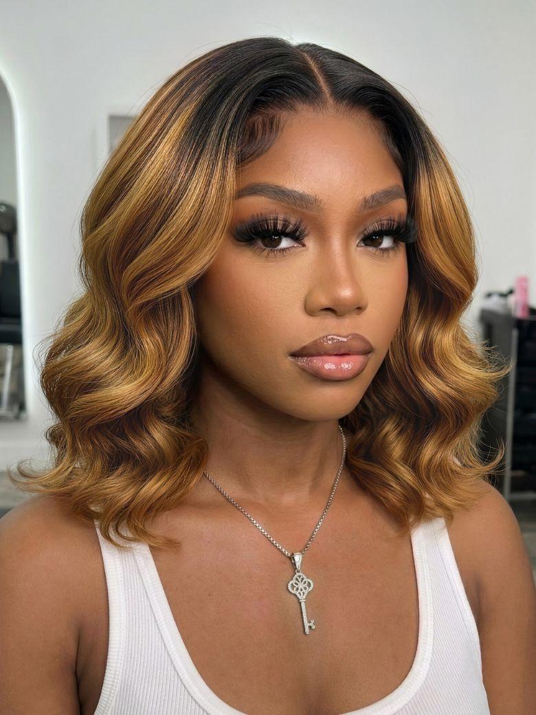 Bye-Bye Knots 7x5 Lace Brown With Blonde Piano Highlights Blunt Bob Wig with Dark Roots
