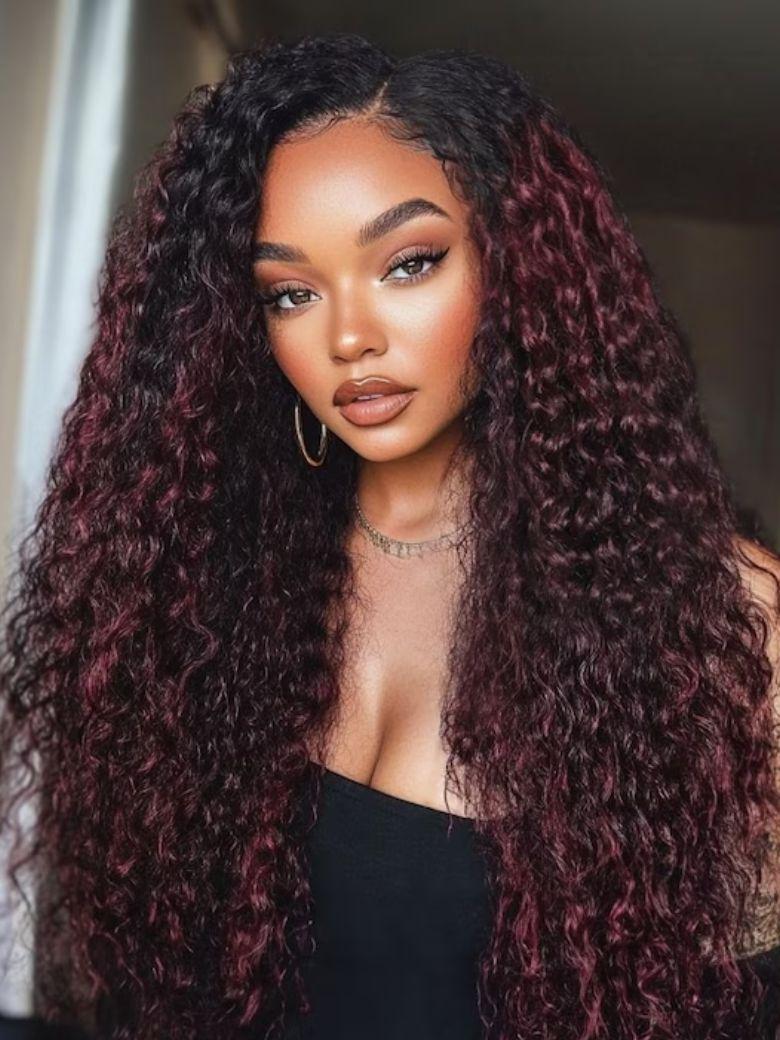13x4 Pre-Everything Wig Burgundy Plum With Dark Roots Water Wave Wig