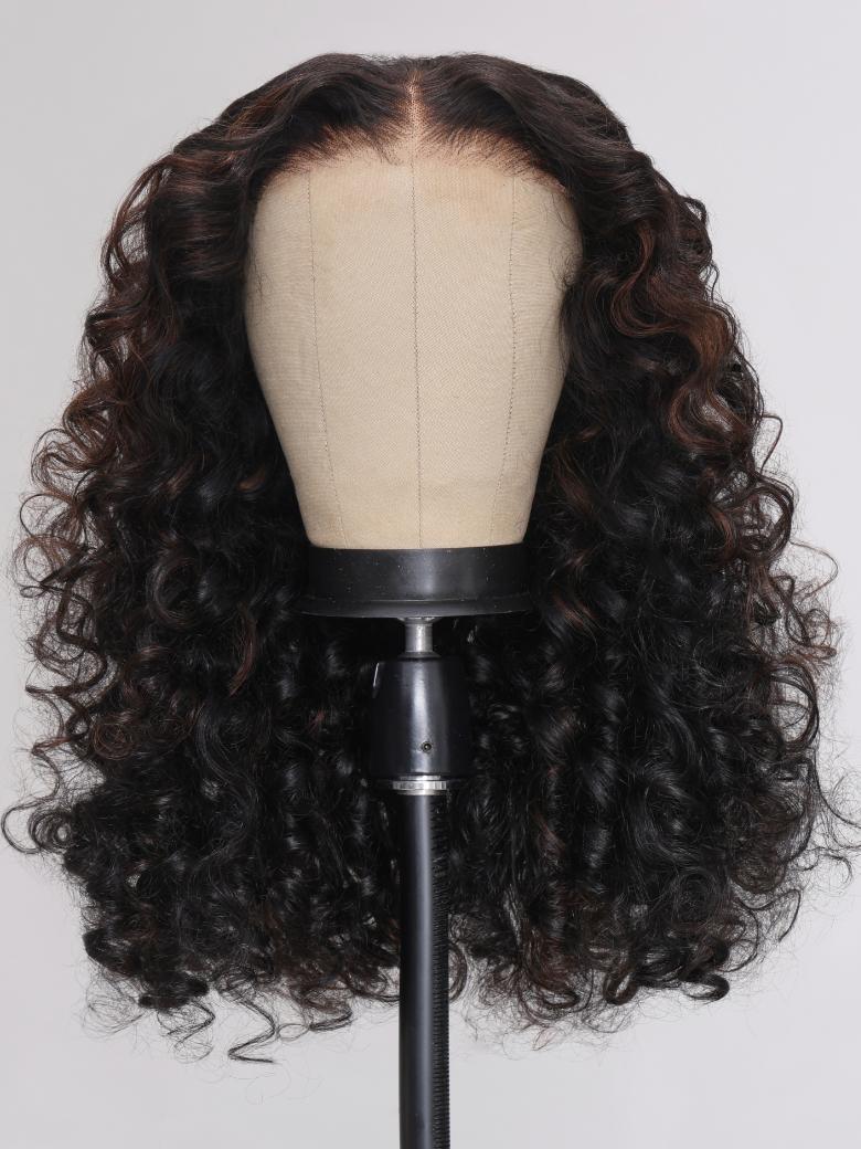 (US Only) 22 Inch 7x5 Glueless Lace 180% Density Bye Bye Knots Wig Black Brown Highlights Wand Curls Wig