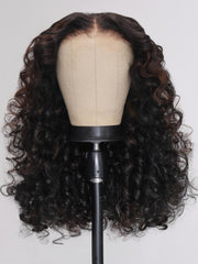 (US Only) 22 Inch 7x5 Glueless Lace 180% Density Bye Bye Knots Wig Black Brown Highlights Wand Curls Wig