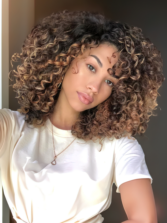 Petaluxe Highlight Brown Glueless Deep Wave Honey Blonde Wig with Bangs