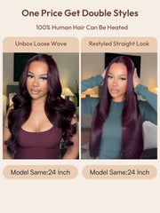 7x5 Bye-Bye Knots? & 13x4 Pre-Everything? Lace Frontal Purple Black Cherry Layered Straight & Loose Wave With Invisi Drawstring Wig
