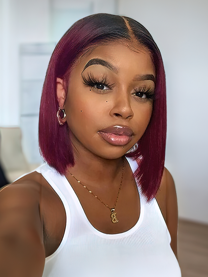 Petaluxe Short Straight Ombre 99J Bob Wig 4x4 Lace Closure Wig 2 Tones 1b/99J Color