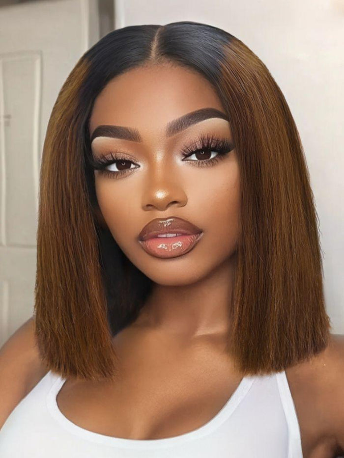 [Ship within 24H] Petaluxe 2x6 Closure 200% Density #4 Brown With Dark Root Bob Wig