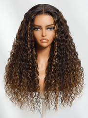 Bye-Bye Knots Wig 7x5 Lace Water Wave Espresso Brown with Caramel Highlights Wig 180% Density
