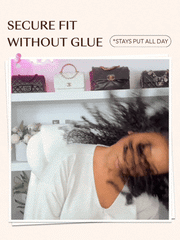 Beginner-friendly curly glueless wig featuring a realistic lace hairline and defined middle part being installed without adhesive.