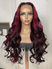 [20'=$124] Dark Burgundy With Rose Red Highlights 13x4 Transparent Lace Front Loose Wave Wig 150% Density