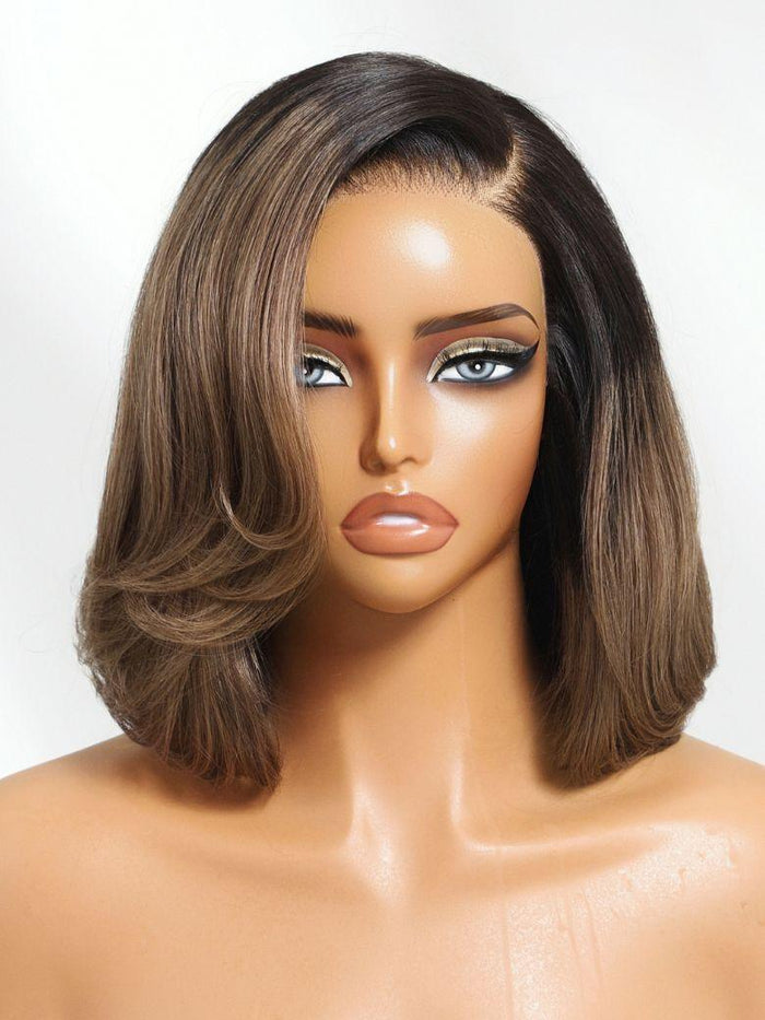 Petaluxe Bye-Bye Knots? 7x5 Lace Black to Milk Tea Brown Side Part Bob Wig with Invisi Drawstring