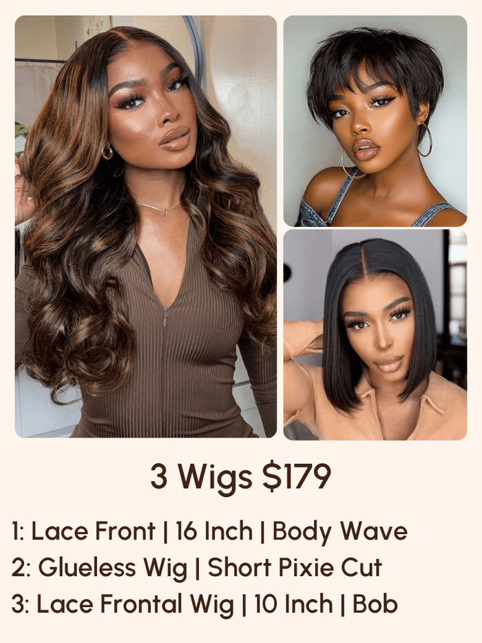 Petaluxe $179=3 Wigs | 16" Lace Frontal Wig and 10" BOB Wig and Pixie Cut Wig