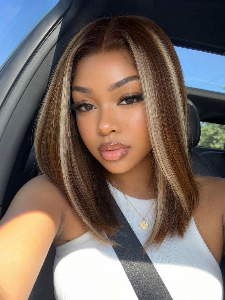 7x5 Bye Bye Slip? Lace Glueless Brown with Blonde Skunk Stripe Straight Bob Wig Beginner-Friendly