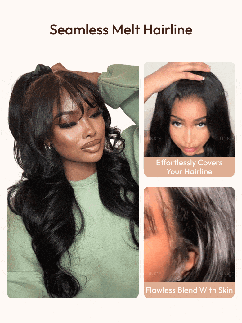 7x5 Bye-Bye Knots? & 13x4 Pre-Everything? & HD Lace Frontal Pull And Go Black Fluffy Natural & Balayage Highlights Loose Wave Curtain Bangs Wig