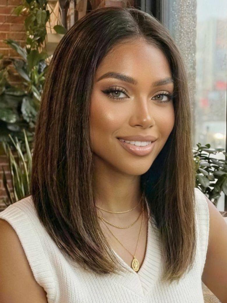 Bye-Bye Knots 7x5 Lace Brown With Blonde Piano Highlights Blunt Bob Wig with Dark Roots