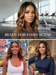 13x4 Pre-Everything? Lace Frontal Brown With Honey Blonde Face-Framing Highlights Wavy Bob Drawstring Wig
