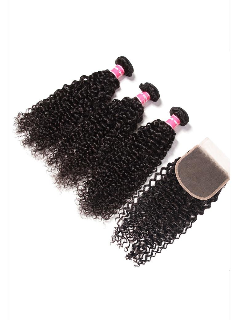 5x5 HD Transparent Lace Closure With Curly Human Hair 3 Bundles