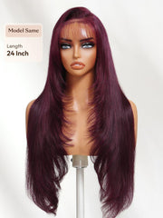 7x5 Bye-Bye Knots? & 13x4 Pre-Everything? Lace Frontal Purple Black Cherry Layered Straight & Loose Wave With Invisi Drawstring Wig