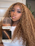 Petaluxe 7x5 Glueless Bye Bye Knots Lace Wig Honey Blonde Jerry Curly Bleached Knots Wig 150% Density