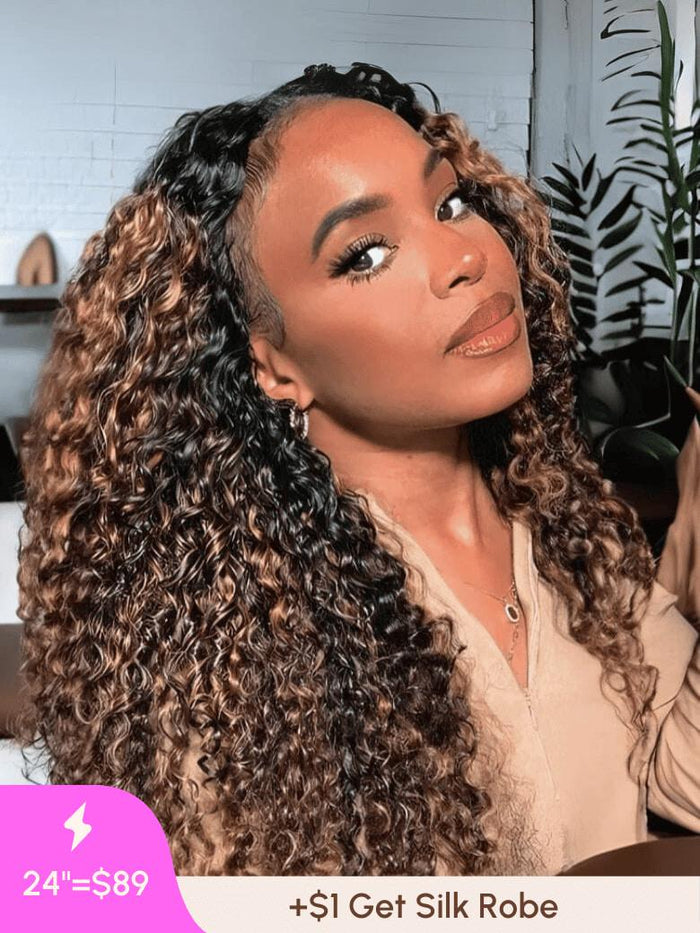 Petaluxe [24"=$89] Glueless Colored Highlights U Part Curly Hair Beginner Friendly Wig For Summer & Fall