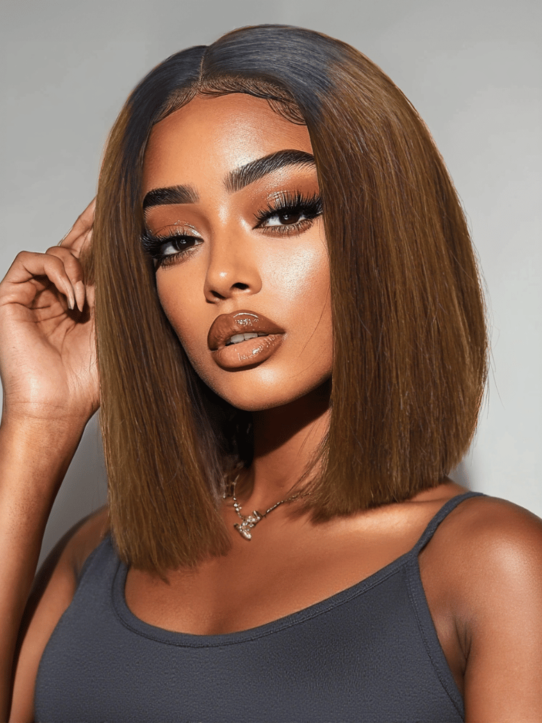 2x6 Closure 200% Density #4 Brown With Dark Root Bob Wig