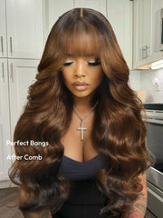 18'' 7x5 Black Brown Money Piece Fluffy Loose Wave Curtain Bangs Wig Bye Bye Knots Wig