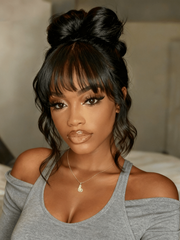 Machine Made & 7x5 Bye Bye Slip? Lace Yaki Human Hair Glueless Wispy Bangs Natural Black Wig