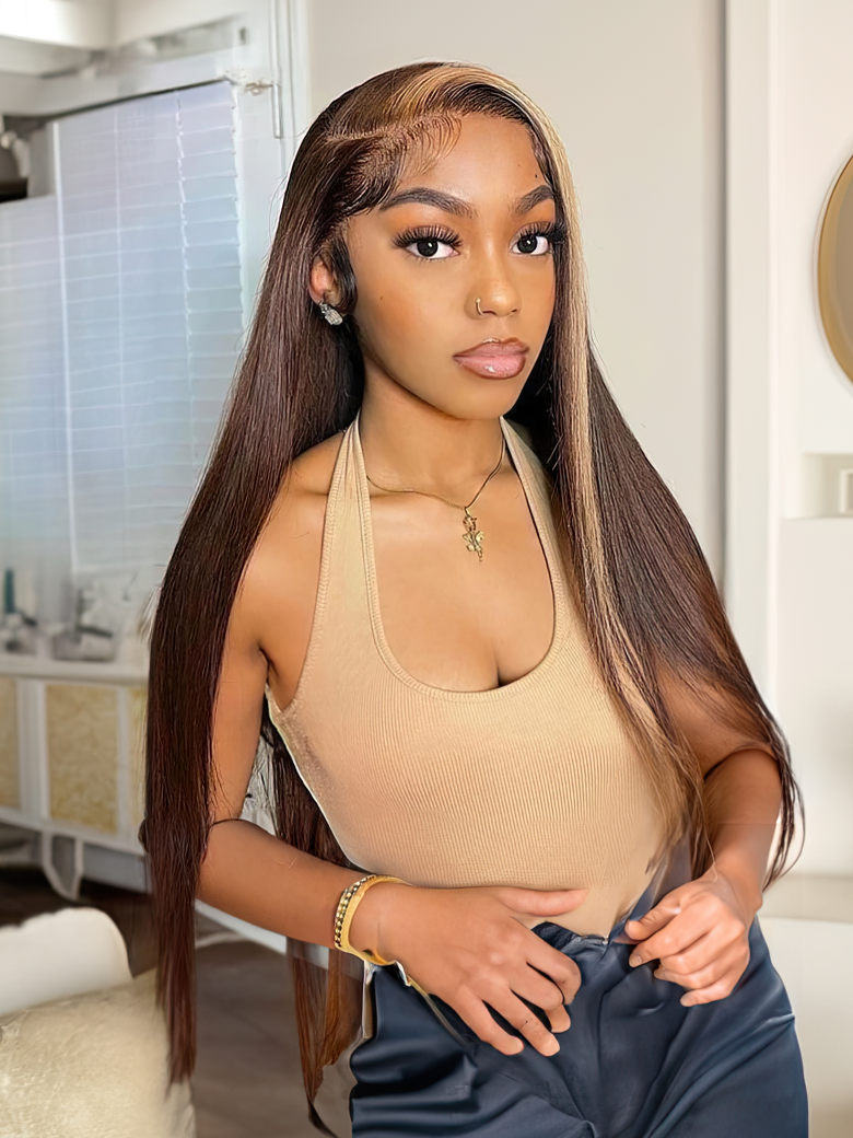 Brunette with Blonde Highlight Streaks 13x4 Lace Front Bone Straight Wig