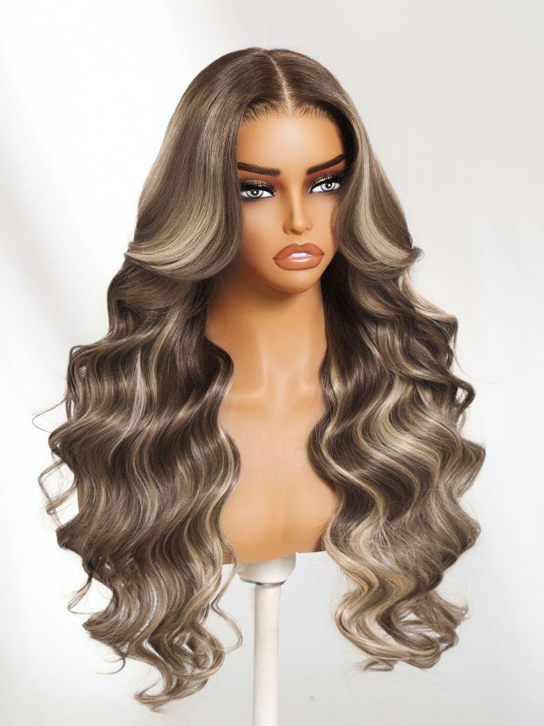 13x4 Pre-Everything? Lace Frontal Coffee Brown Loose Wave Glueless Drawstring Wig with Layered Curtain Bangs