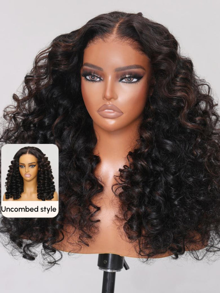 Petaluxe (US Only) 22 Inch 7x5 Glueless Lace 180% Density Bye Bye Knots Wig Black Brown Highlights Wand Curls Wig