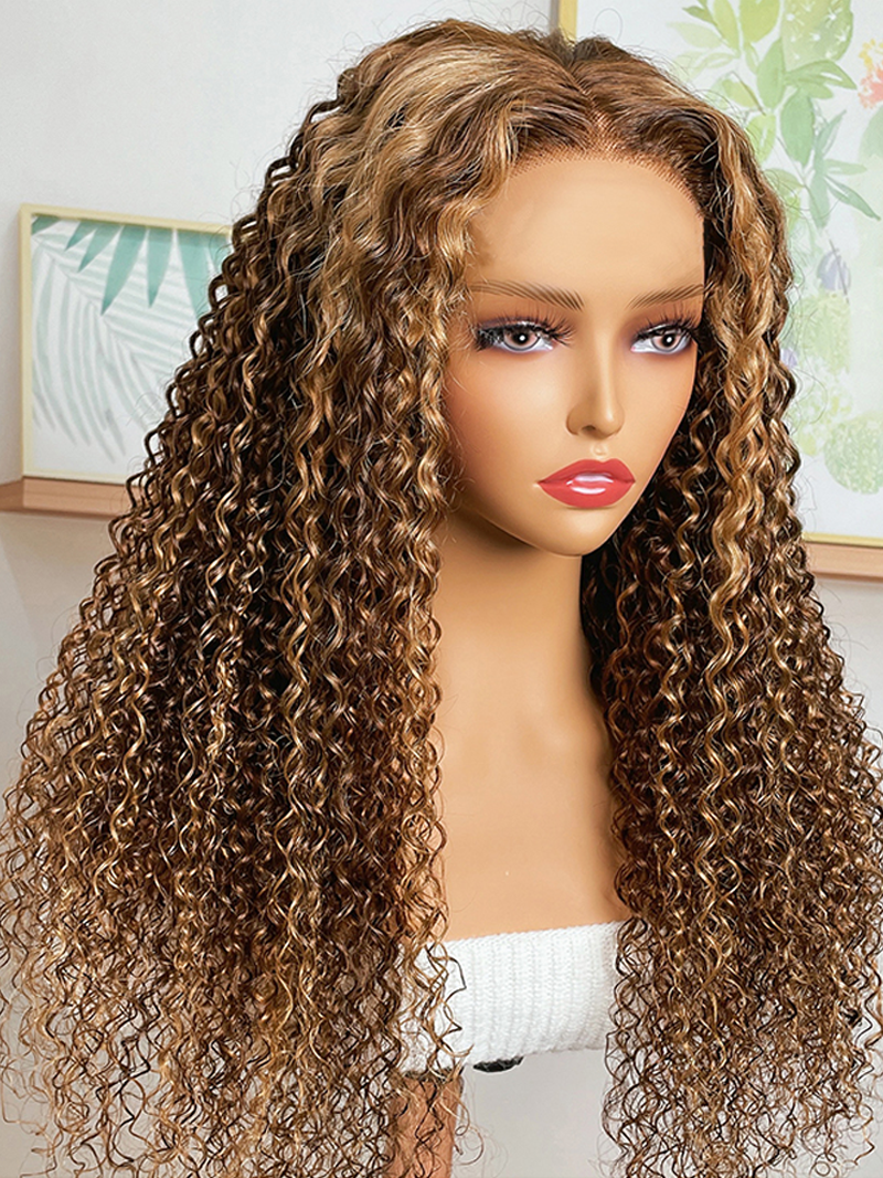 Jerry Curly 4x4 Lace Closure Honey Blonde Balayage On Brown Wig