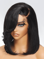 4x4 Lace Closure Black Bob Wig With Side Swept Bangs