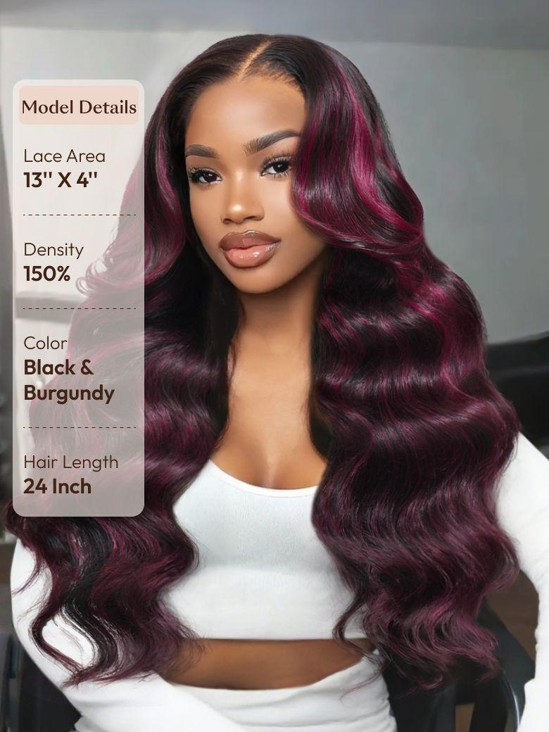 13x4 Pre-Everything? Lace Frontal Black With Burgundy Highlights Loose Wave Wig with Face Framing Layers